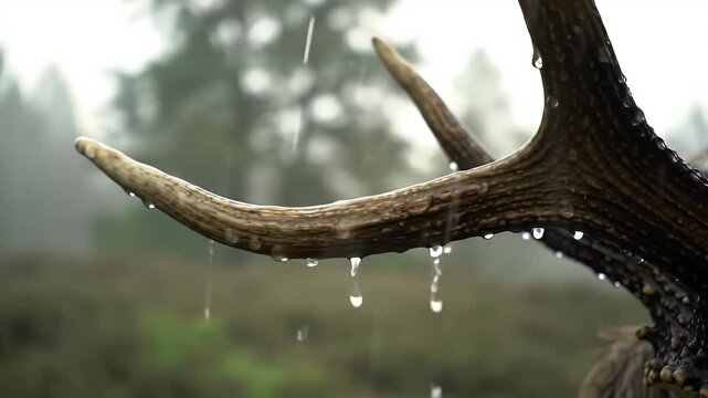 Rain Drops on a Dark Antler with Lush Green Background in Forest Environment