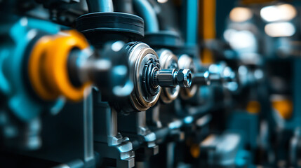 Naklejka premium A close up of a machine with many parts, including a large gear. Concept of complexity and precision, as the various parts work together to create a functioning machine