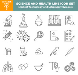 Science and Health Line Icon Set – Medical Technology and Laboratory Symbols