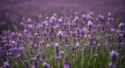 Lavender field. Beautiful rows of purple flowers stretching into the distance. A serene natural landscape for wellness and relaxation.	