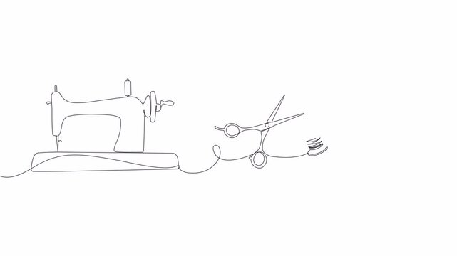 Video. Tailoring tools for sewing items in one continuous line. Scissors, sewing machine, spool of thread and needle in a simple linear style. Concept of needlework. Animation on white background 4K.
