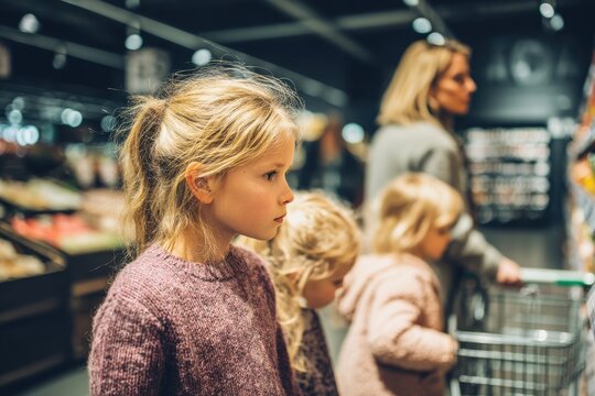 A mother and three young daughters shop for groceries in a supermarket aisle, looking at the shelves, and pushing a shopping cart filled with food items.