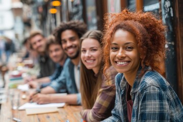 Group of cheerful and diverse young adults studying or working together at a cafe, with focus on a smiling woman with curly red hair in the foreground.