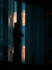 Security-Mann in Uniform beobachtet Gel&auml;nde aufmerksam bei Nacht