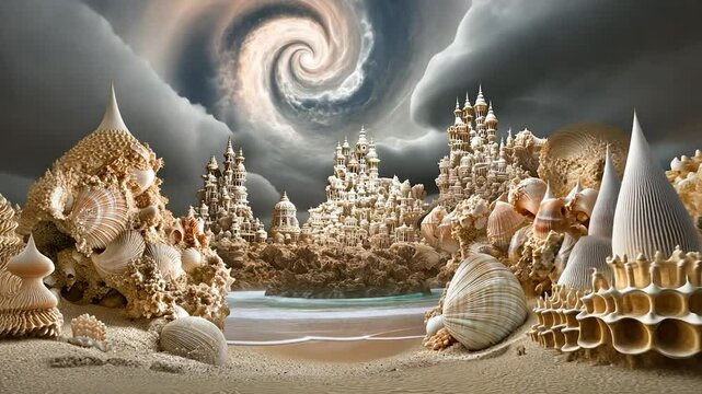 Fantasy seashell city on a sandy shore