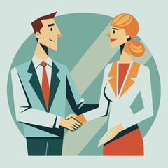 Obraz premium Businessman and businesswoman shaking hands in vector art