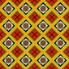 Seamless geometric pattern with vibrant diamond shapes and bold colors creating dynamic and energetic visual effect