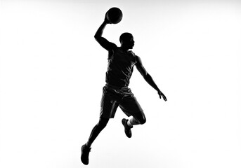 Silhouette of a basketball player in mid air holding a ball on a white background in black and white