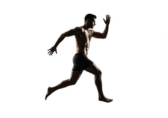 Silhouette of a muscular man running with bare torso against a white bright background studio shot