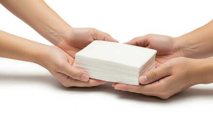 Two Hands Gently Exchange a Stack of White Napkins