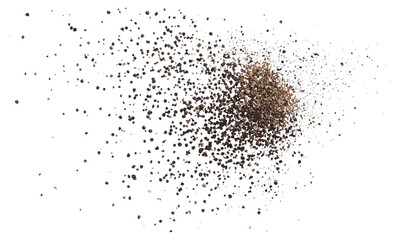 Ground black pepper spice scattered, flying particles isolated on white, cooking spice, food seasoning, herb texture, clipping path, vector illustration.