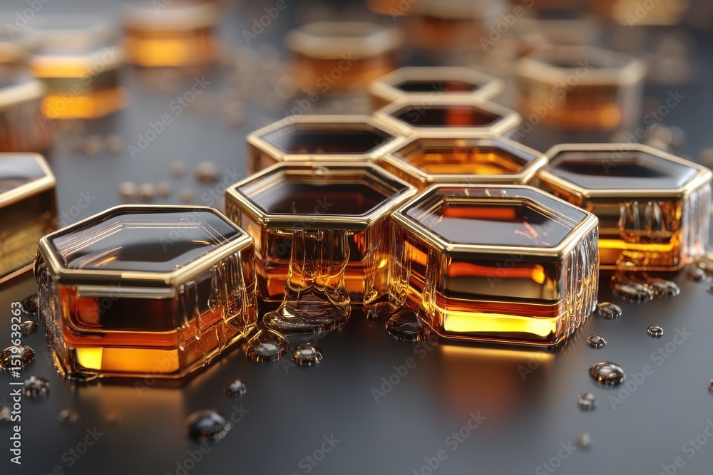 Poster a macro shot of golden, reflective hexagonal containers filled with liquid, casting shadows on a dar