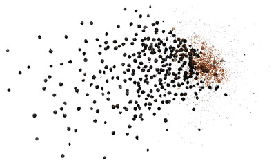 Black pepper ground scattered, spice flying isolated on white, kitchen seasoning, culinary ingredient, flavor spice, clipping path, vector illustration.