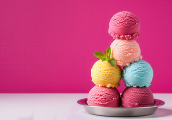 Colorful ice cream scoops stacked on silver plate with pink background