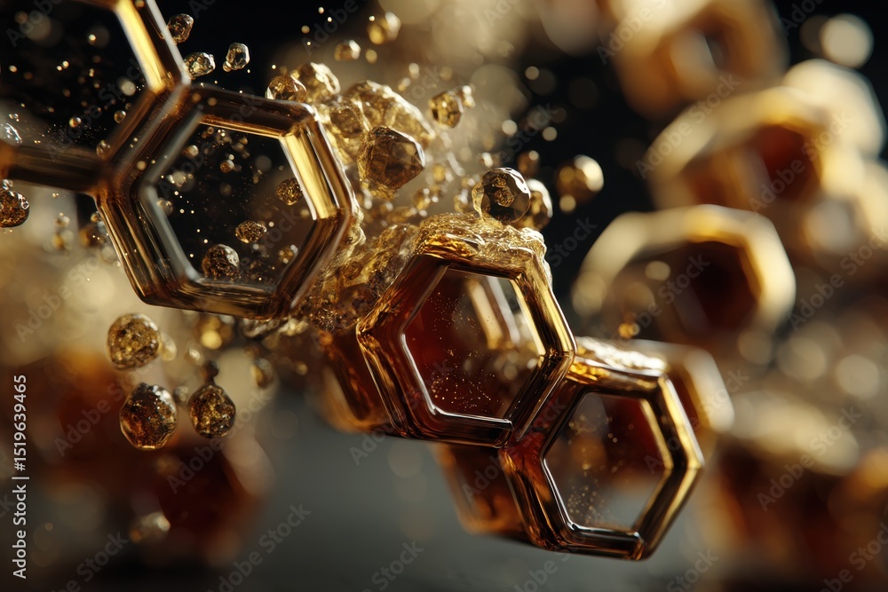 Poster close-up view of a complex molecular structure, showcasing interconnected hexagonal shapes with an a