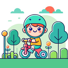 Young Boy Rides Red Tricycle Wearing Helmet Through Green Park With Blue Sky