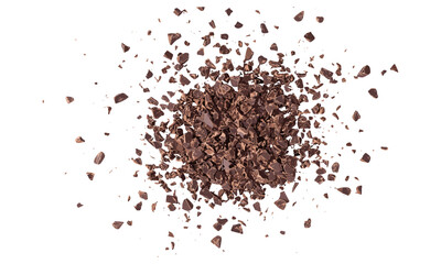 Flying chopped cocoa, milled chocolate pieces pile isolated on white, top view, vector illustration, dessert elements, gourmet sweet, confectionery cutout, dark chocolate chunks.