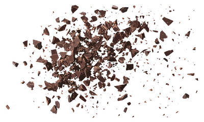 Top view of chopped chocolate, flying pile of milled dark cocoa, isolated white background, vector illustration, cutout dessert, sweet snack ingredients, artisan chocolate chunks. © aura studio