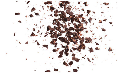 Milled dark chocolate pile, flying chopped pieces, isolated on white background, top view, vector illustration, cocoa chunks, confectionery cutout, dessert topping, gourmet sweet food.