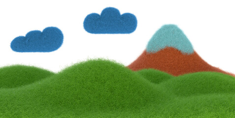 Cartoon landscape with green hills, mountain and clouds from fur or felt material. 3d illustration of cute soft child toy. Realistic creative render element.