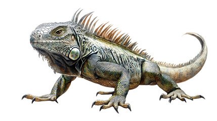 Fototapeta premium Full body image of a green iguana (iguana iguana) on a white background The long body of an iguana and a crest that has a clear sawtooth appearance along the back.
