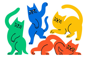Cats illustration, colorful minimalist style, mid-century modern, childlike shapes, whimsical character design, no outlines, solid colors, stylized proportions