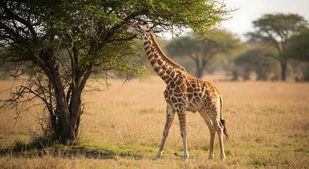 Fototapeta premium A baby giraffe trying to reach tree leaves, stretching its neck clumsily, under bright savannah sunlight.