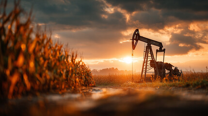 Oil pump jack (drilling derrick) operating in the middle of a green corn field, symbolizing the intersection of agriculture and fossil fuel extraction. 