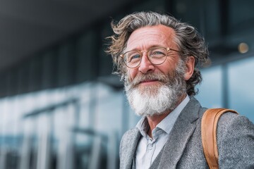 Mature businessman confidently awaits flight at modern airport with stylish demeanor