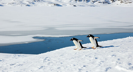 A pair of penguins sliding on ice with cheerful expressions, snowy background and frozen lake.