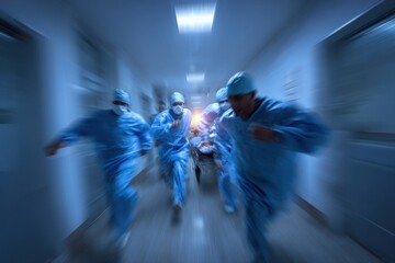 Doctors rush urgently through the hospital corridor toward the operating room