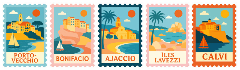 SET OF CORSE STAMPS ILLUSTRATION (AJACCIO, CALVI, BONIFACIO, PORTO VECCHIO, ILES LAVEZZI)