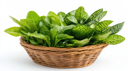 Fresh leafy greens in decorative basket create vibrant and healthy display, perfect for any kitchen or dining area