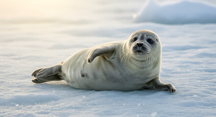 A baby seal lying on ice, belly up, flippers relaxed, with a playful smile.