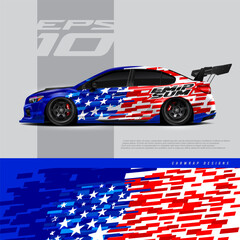 Car wrap decal designs. Abstract American Flag Pattern and sport background for racing livery or daily use car vinyl sticker. Full vector eps 10.