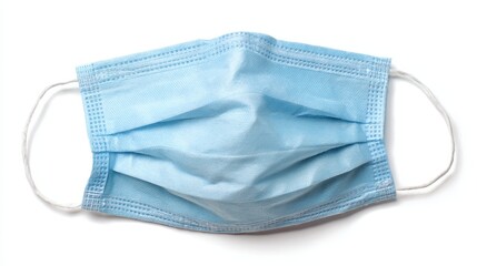 Closeup of a single blue face mask isolated on white background for healthcare and hygiene