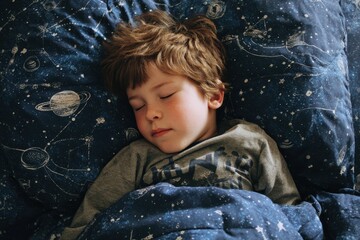 Sleeping boy dreams in a galaxy-themed bedroom filled with stars and planets