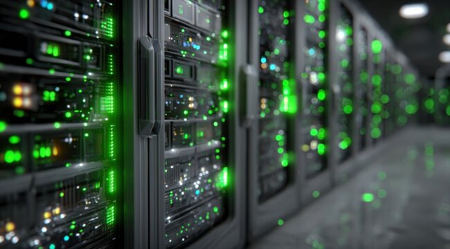 Close up view of server racks in a data center with green lights indicating activity and processing data
