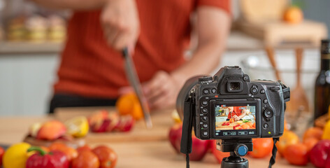Camera is taking a picture of a person cutting up fruit on a table