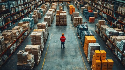 Expansive logistics warehouse with workers managing shipments