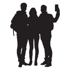 Three Friends Taking a Selfie Together with a Smartphone Backpacks on in a Black Silhouette Style silhouette