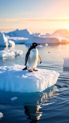 Obraz premium Penguins gathering on a jagged iceberg with strong light and shadow contrast