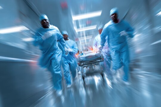 Doctors in blue scrubs rush a patient through the emergency room for surgery