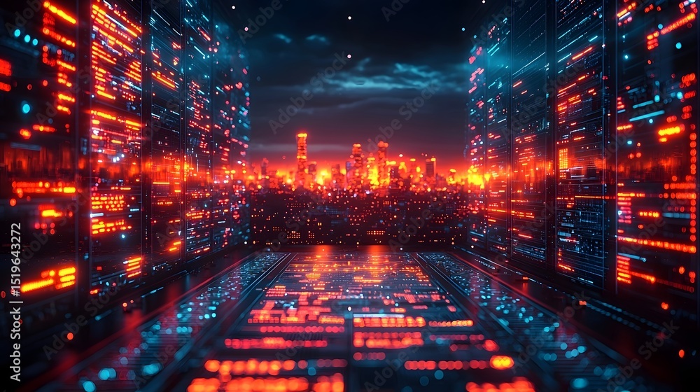 Poster cyberpunk styled supply chain command center with neon lit data streams