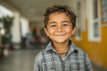 Joyful hispanic boy shares a bright smile in vibrant school hallway setting