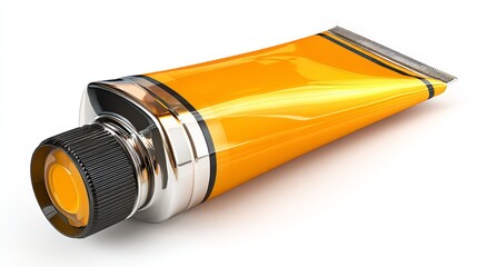 Closeup of a yellow tube with metal cap, detailed view of texture and design closeup