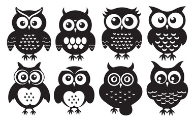 Collection of Cute Owl Illustrations in Black and White Featuring a Silhouette Style Perfect for Graphic Design Projects silhouette