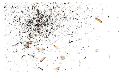 Isolated cigarette ash on white background, top view, texture detail, ash particles, smoking residue, vector illustration, tobacco debris, close-up of ash.