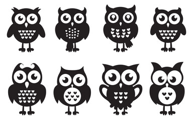 Collection of Cute Owl Illustrations in Black and White Featuring a Silhouette Style Perfect for Graphic Design Projects silhouette