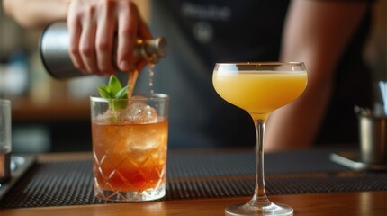 Alcoholic and non-alcoholic cocktails on bar counter symbolizing choice and balance in modern mixology